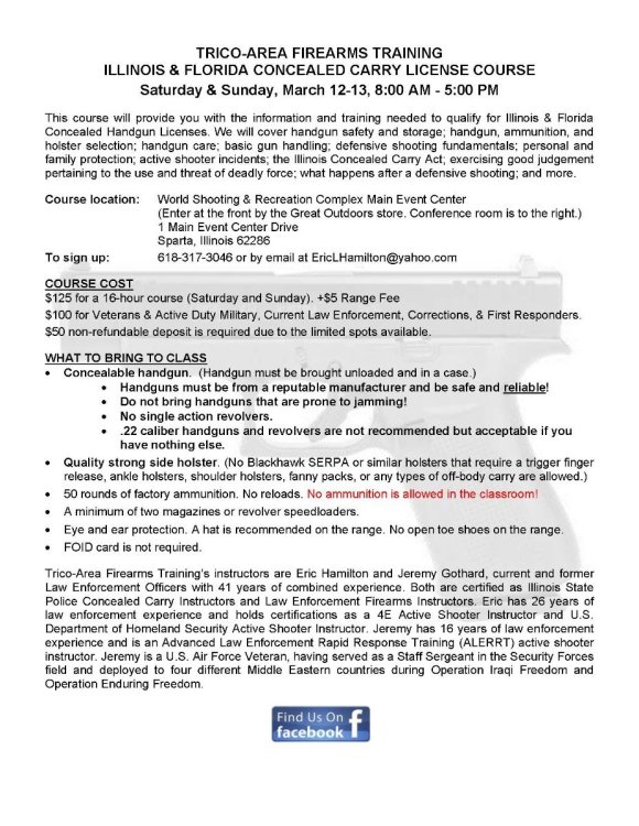 3/1213 16 hr. CHL class (IL & FL) & 3/13 renewal course. World Shooting Complex/Sparta
